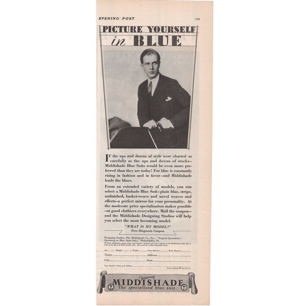Maddishade Blue Suits Magazine Advertisement 1929 Vintage Mens Fashion Clothing
